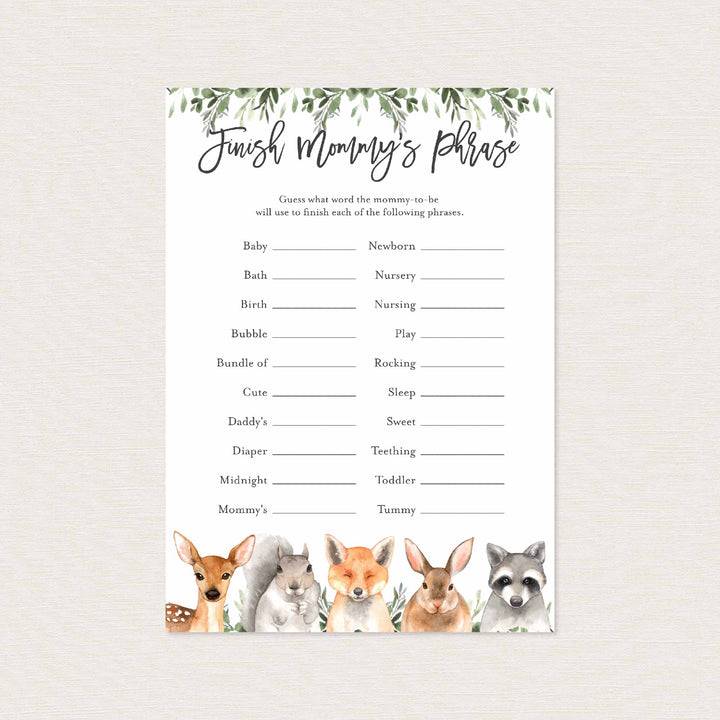 Forest Animals Baby Shower Finish Mummy's Phrase Game Printable