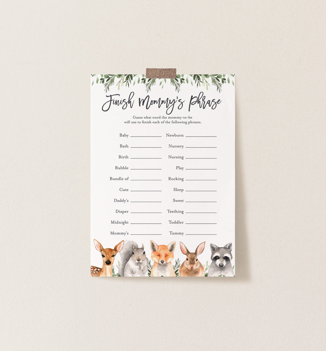 Forest Animals Baby Shower Finish Mummy's Phrase Game Printable