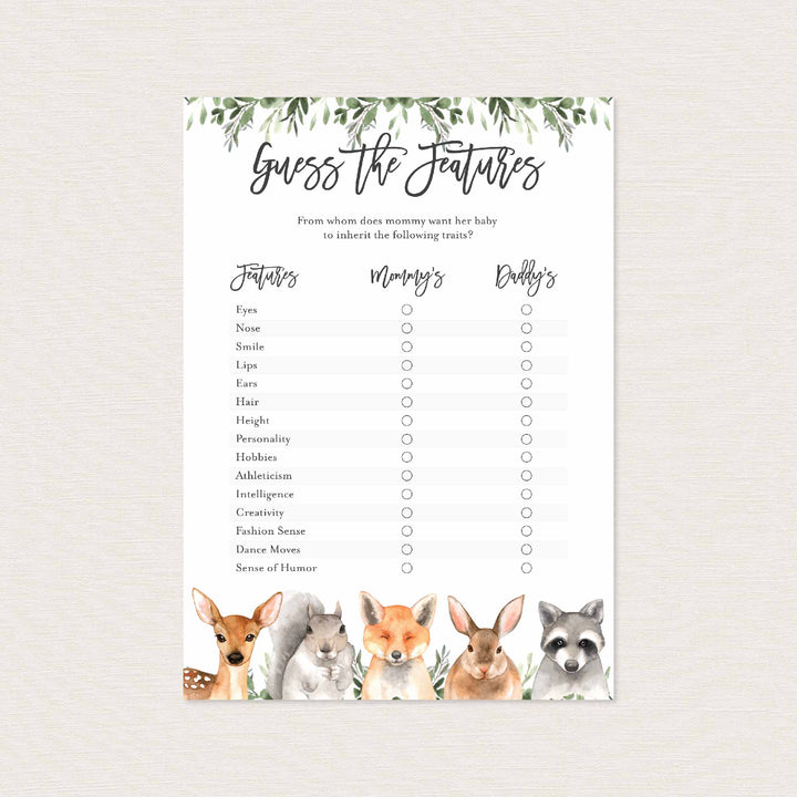 Forest Animals Baby Shower Guess The Features Game Printable