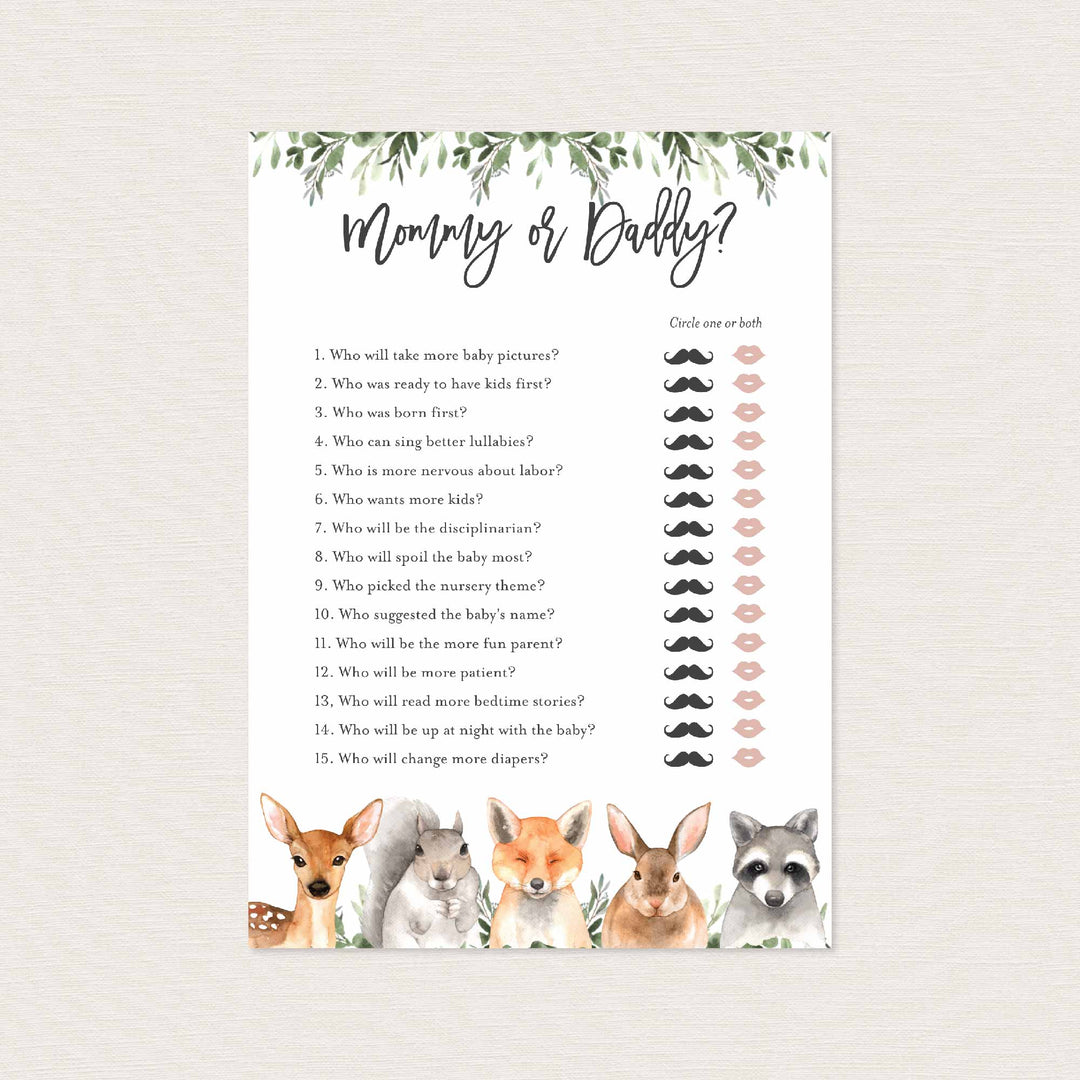 Forest Animals Baby Shower Mummy or Daddy Game Printable