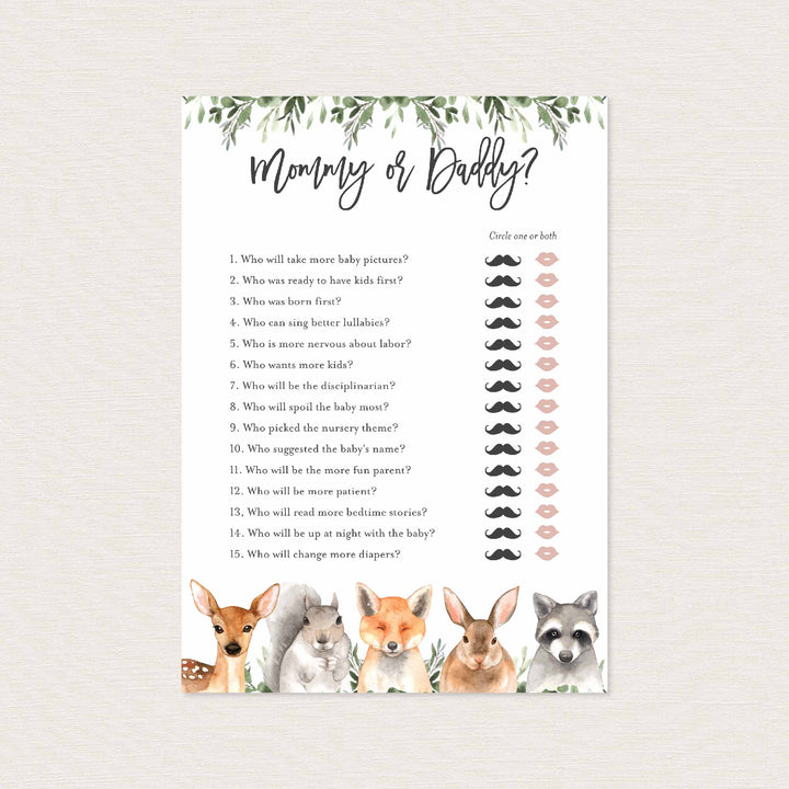 Forest Animals Baby Shower Mummy or Daddy Game Printable