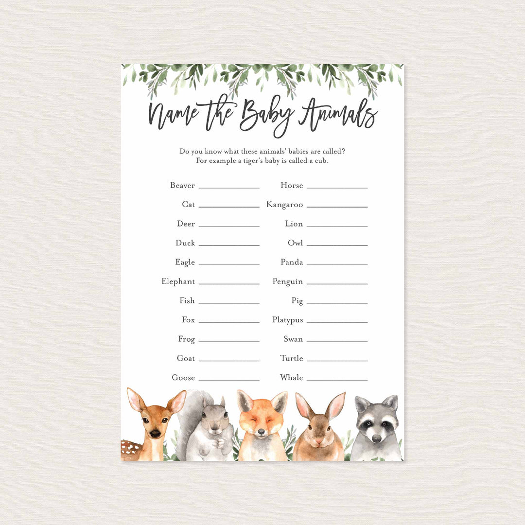 Forest Animals Baby Shower Name The Baby Animals Game Printable