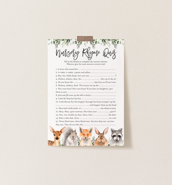 Forest Animals Baby Shower Nursery Rhyme Quiz Game Printable