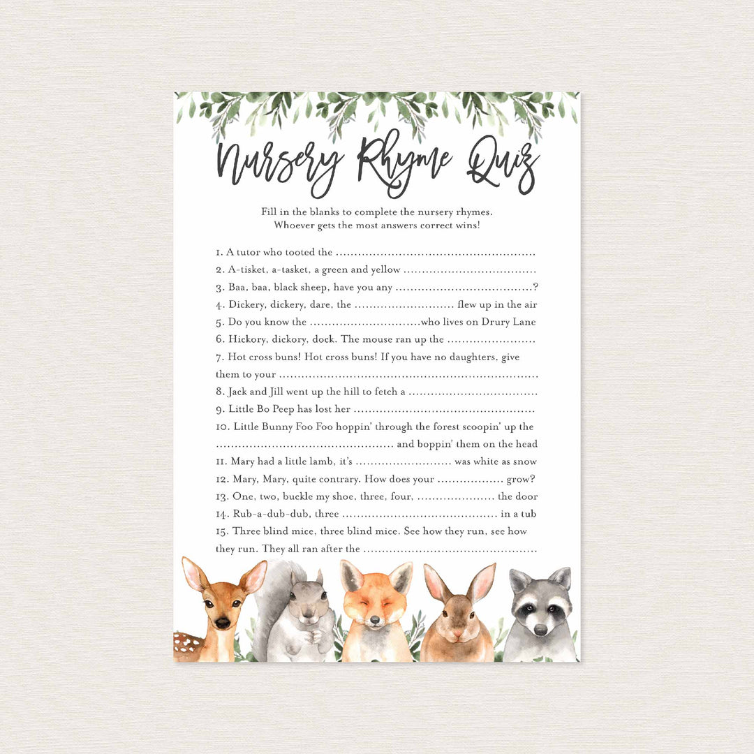 Forest Animals Baby Shower Nursery Rhyme Quiz Game Printable