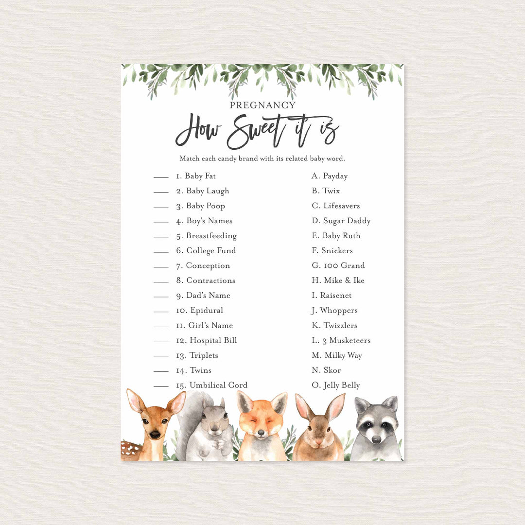 Forest Animals Baby Shower Pregnancy How Sweet It Is Game Printable