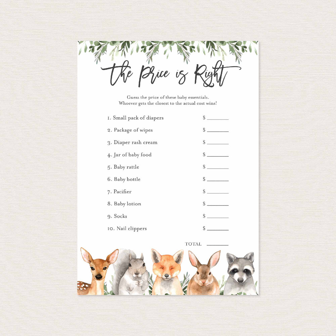 Forest Animals Baby Shower The Price Is Right Game Printable