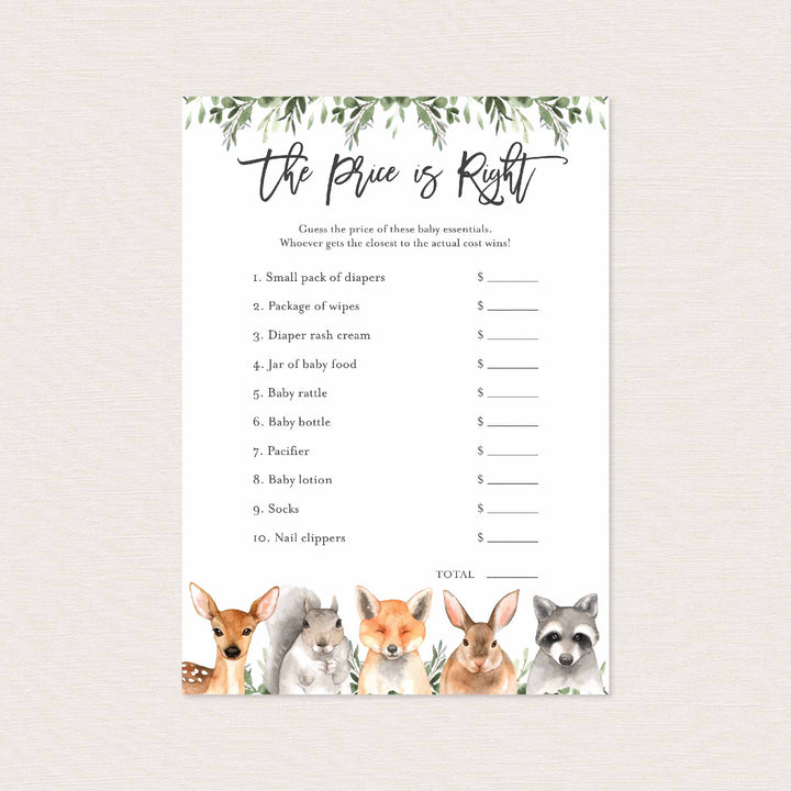 Forest Animals Baby Shower The Price Is Right Game Printable