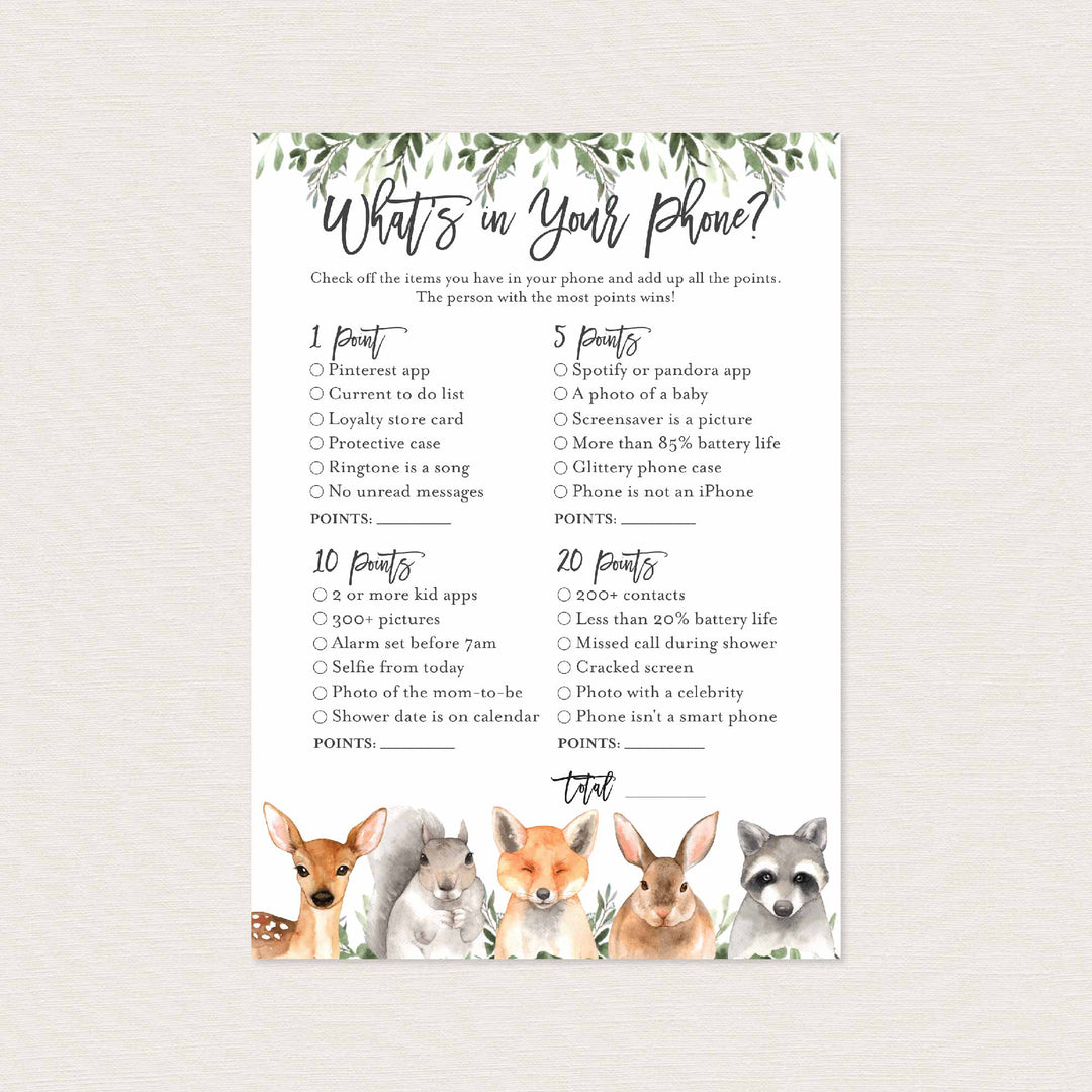 Forest Animals Baby Shower What's In Your Phone Game Printable