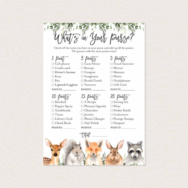 Forest Animals Baby Shower What's In Your Purse Game Printable