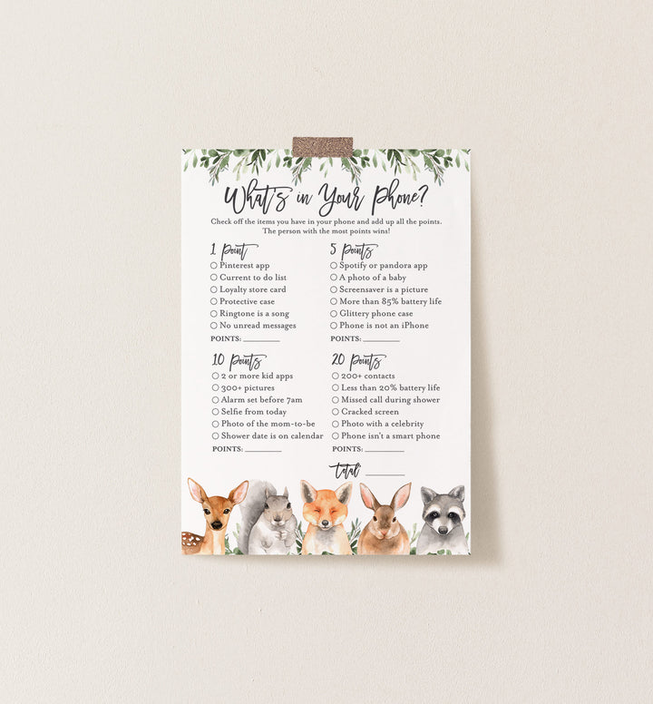 Forest Animals Baby Shower What's In Your Phone Game Printable