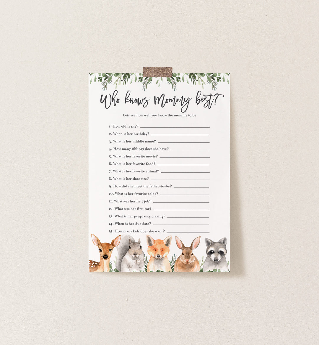 Forest Animals Baby Shower Who Knows Mummy Best Game Printable