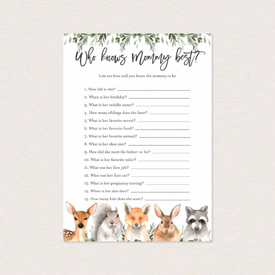 Forest Animals Baby Shower Who Knows Mummy Best Game Printable