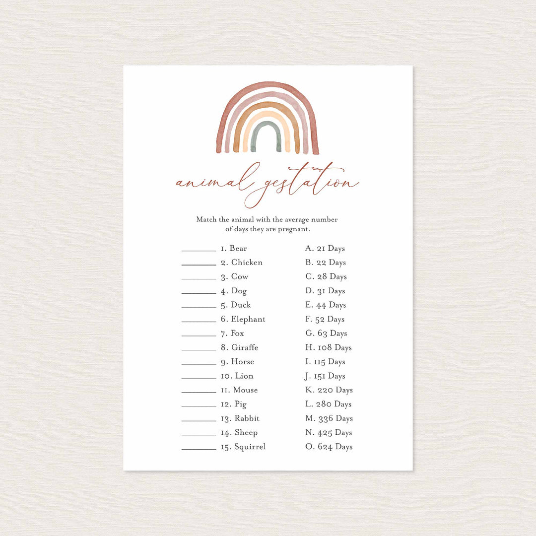 Rainbow Baby Shower Animal Gestation Game Printable