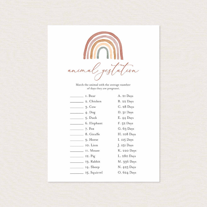 Rainbow Baby Shower Animal Gestation Game Printable