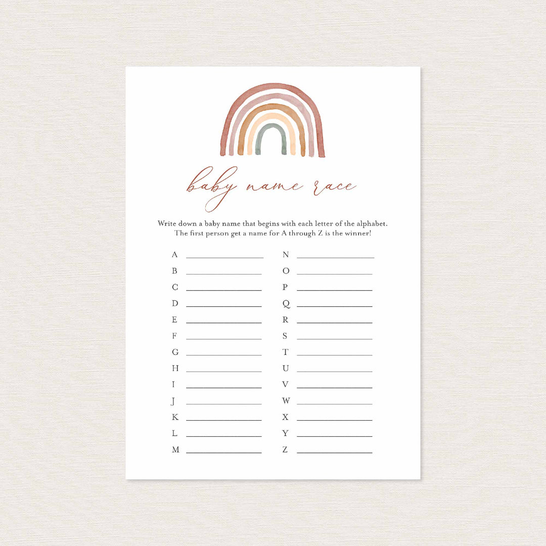 Rainbow Baby Shower Name Race Game Printable