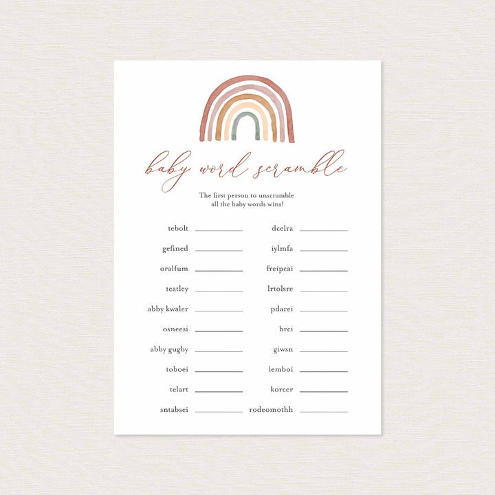 Rainbow Baby Shower Word Scramble Game Printable