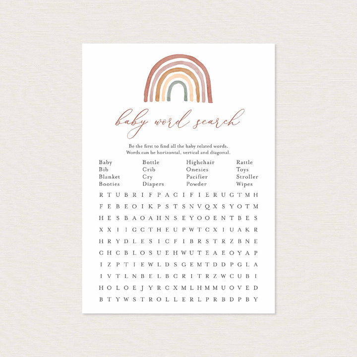 Rainbow Baby Shower Word Search Game Printable