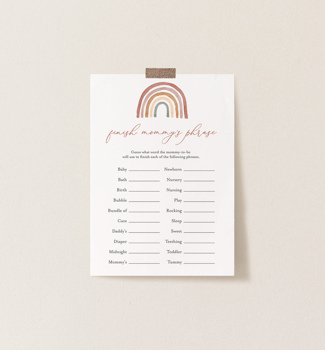 Rainbow Baby Shower Finish Mummy's Phrase Game Printable