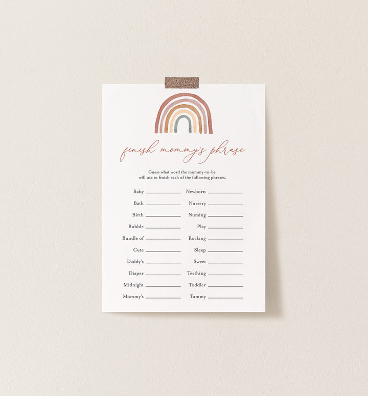 Rainbow Baby Shower Finish Mummy's Phrase Game Printable