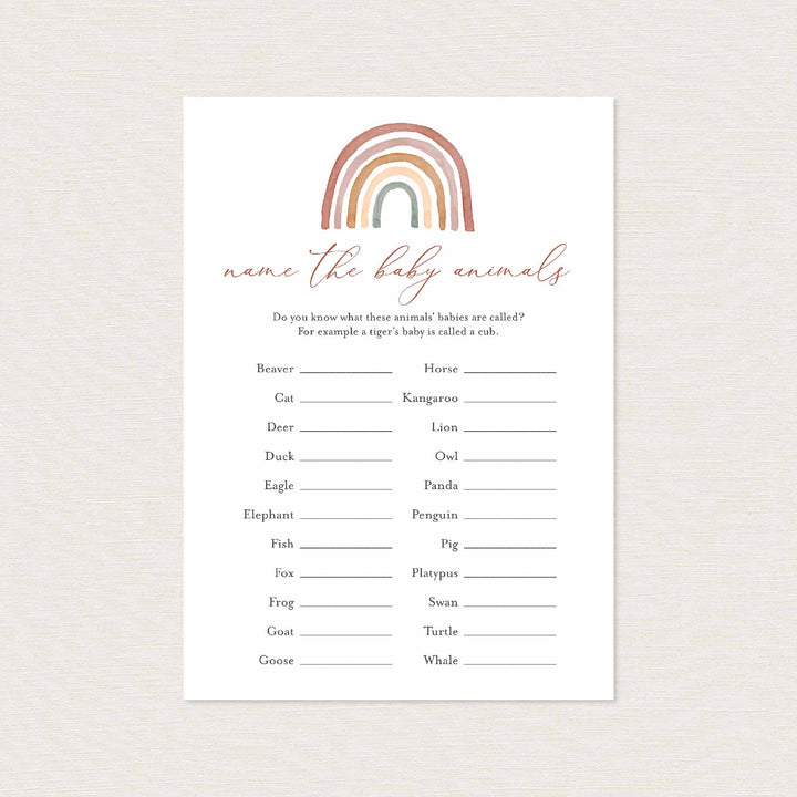 Rainbow Baby Shower Name The Baby Animals Game Printable