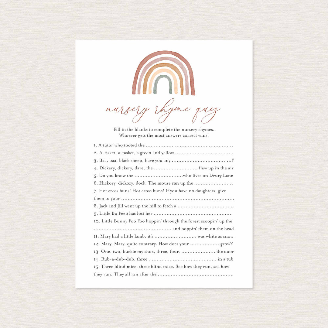 Rainbow Baby Shower Nursery Rhyme Quiz Game Printable