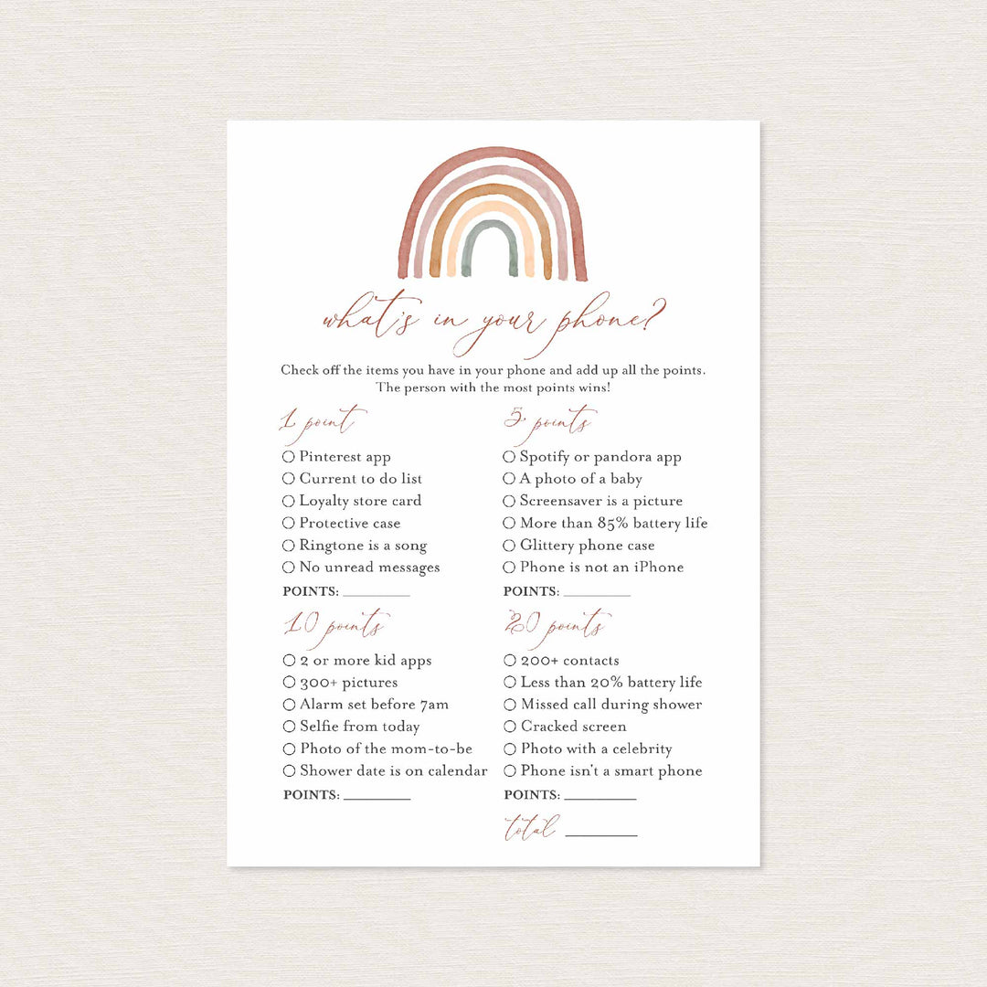 Rainbow Baby Shower What's In Your Phone Game Printable