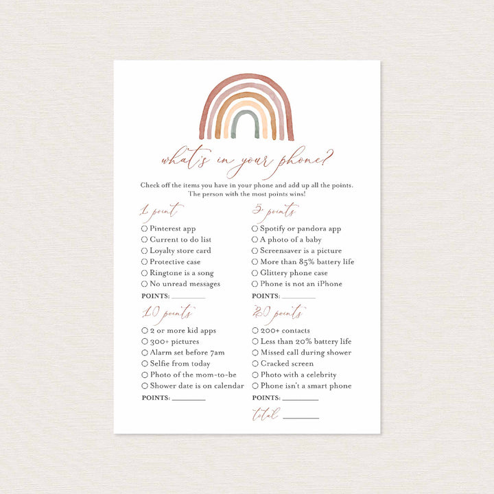 Rainbow Baby Shower What's In Your Phone Game Printable