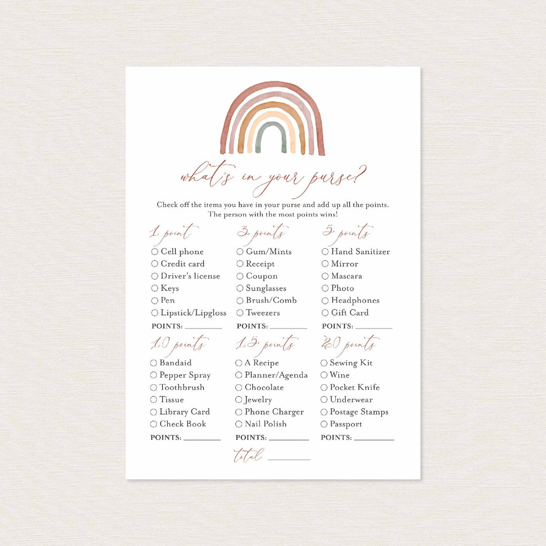 Rainbow Baby Shower What's In Your Purse Game Printable