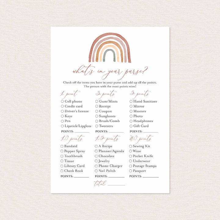 Rainbow Baby Shower What's In Your Purse Game Printable