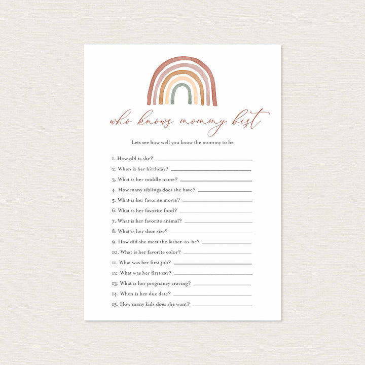 Rainbow Baby Shower Who Knows Mummy Best Game Printable