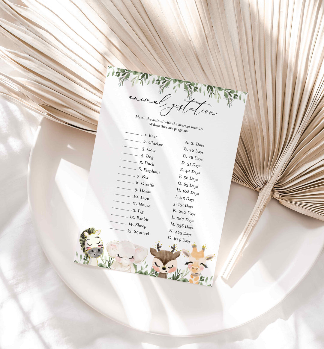 Baby Safari Baby Shower Animal Gestation Game Printable