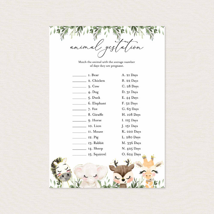 Baby Safari Baby Shower Animal Gestation Game Printable