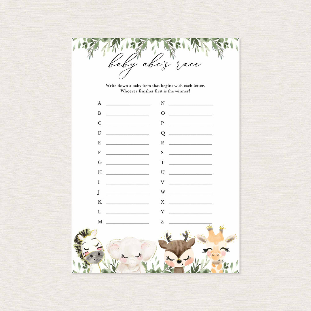 Baby Safari Baby Shower ABC's Race Game Printable