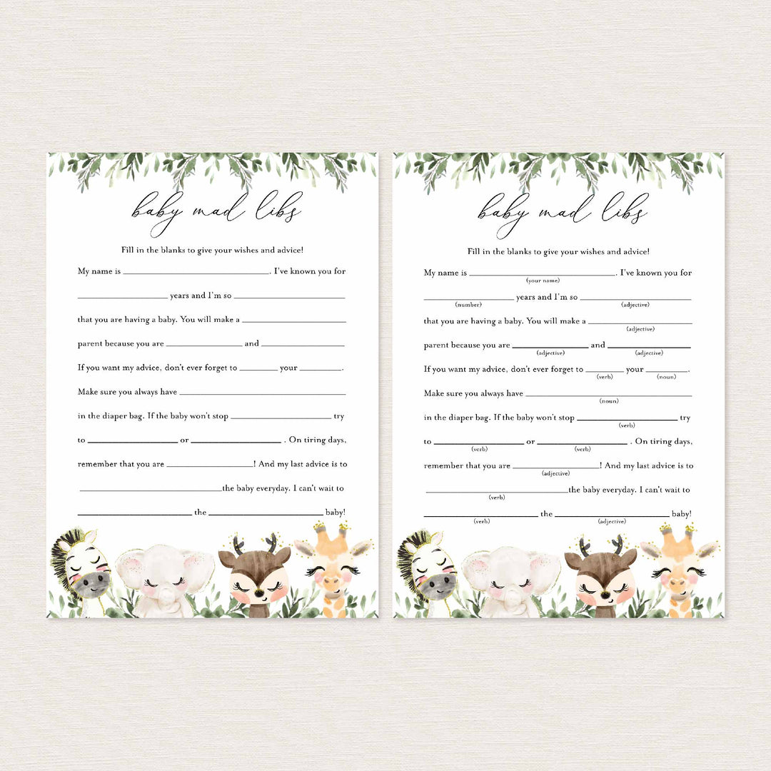 Baby Safari Baby Shower Mad Libs Printable