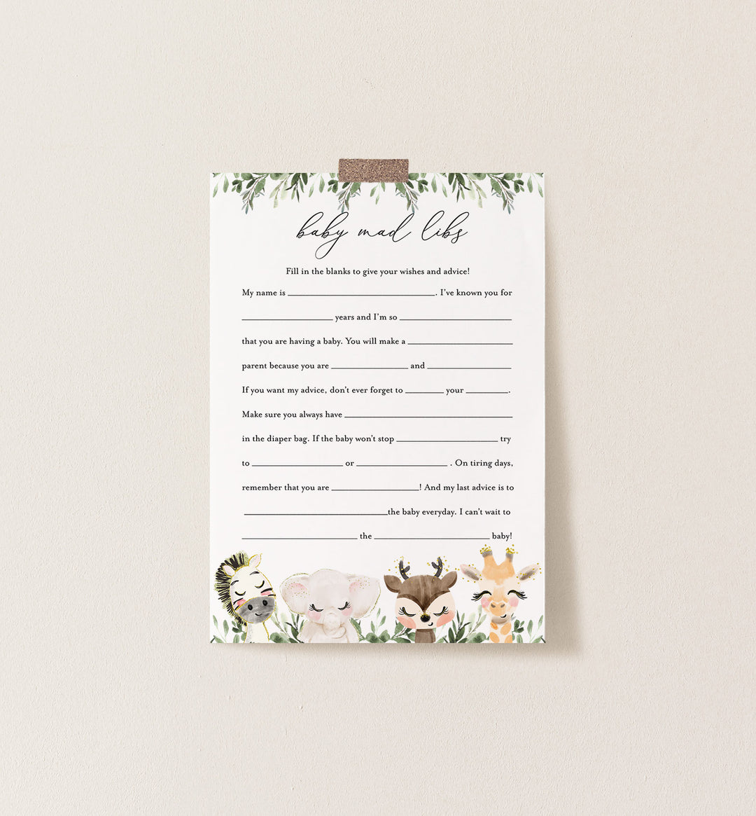 Baby Safari Baby Shower Mad Libs Printable