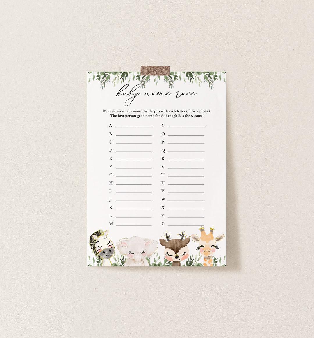 Baby Safari Baby Shower Name Race Game Printable