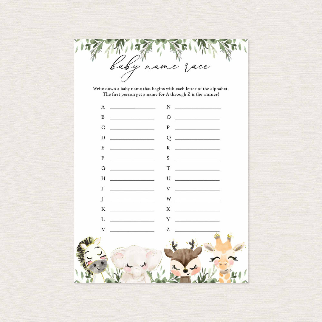 Baby Safari Baby Shower Name Race Game Printable