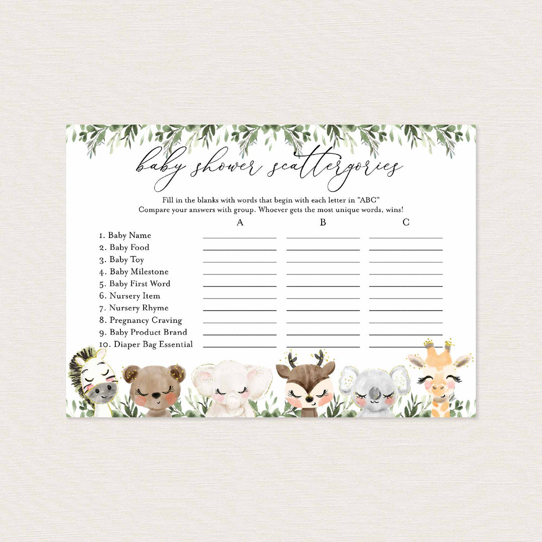 Baby Safari Baby Shower Scattergories Game Printable