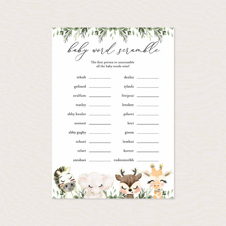 Baby Safari Baby Shower Word Scramble Game Printable