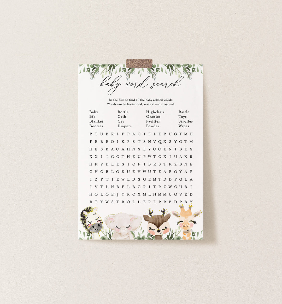 Baby Safari Baby Shower Word Search Game Printable