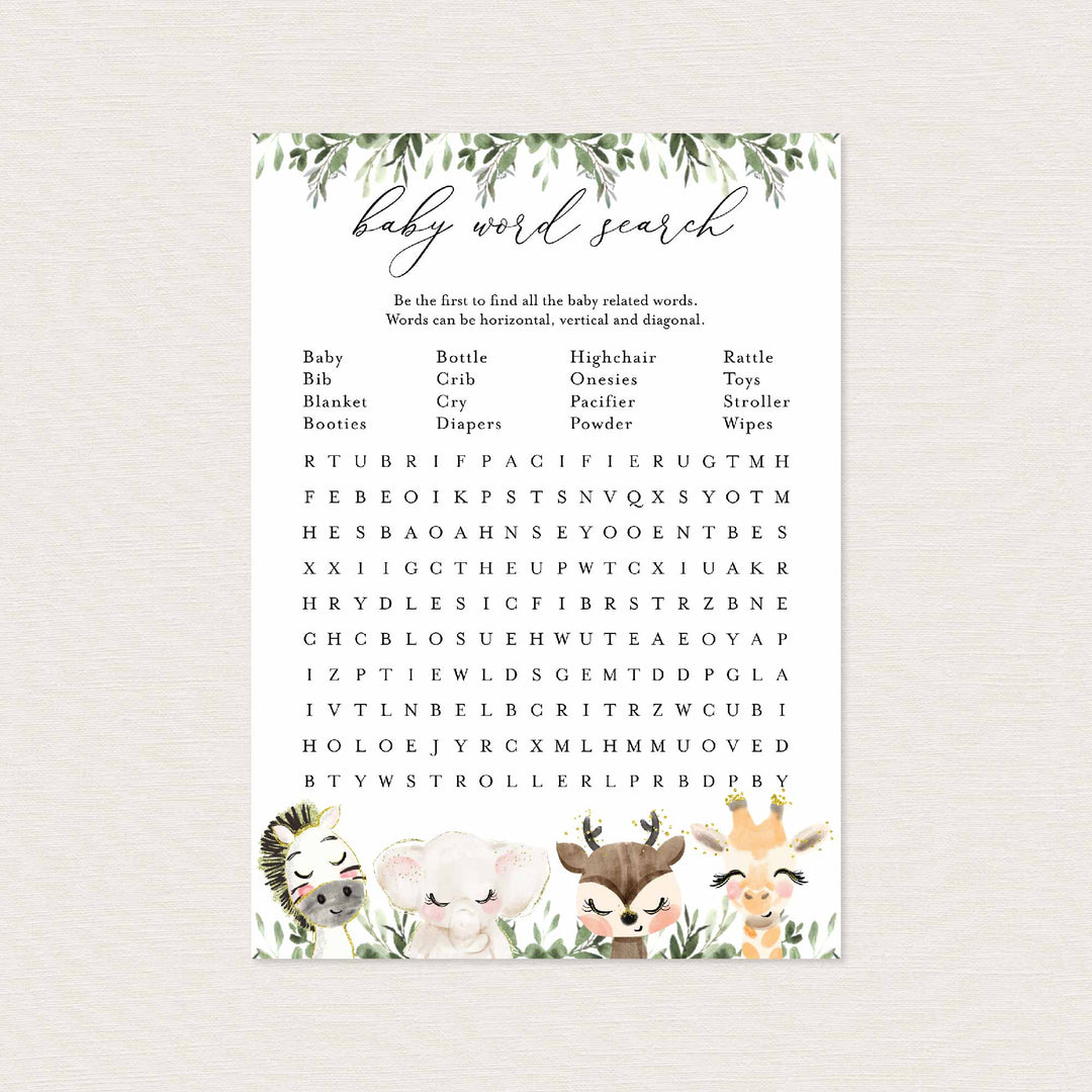 Baby Safari Baby Shower Word Search Game Printable