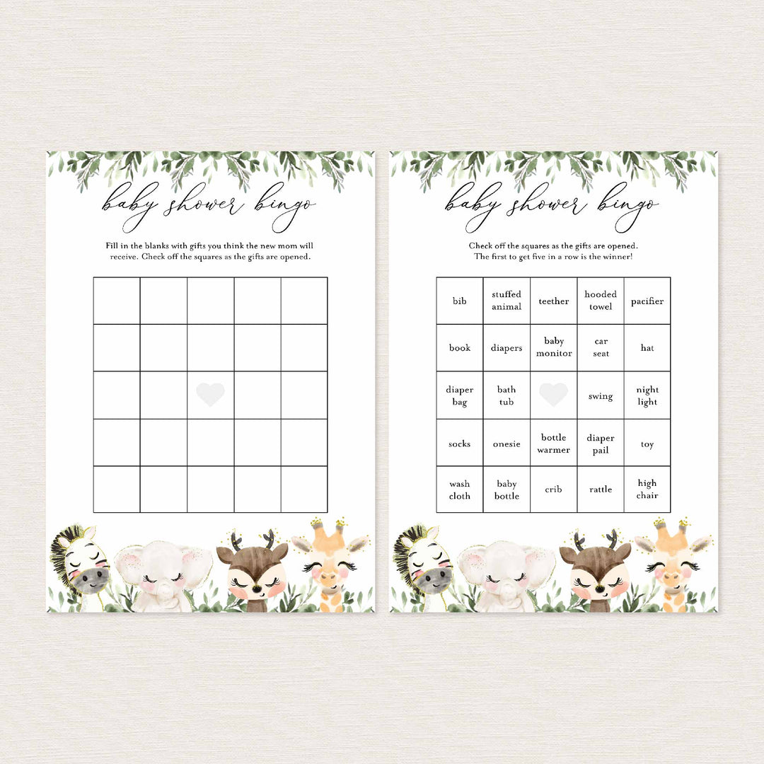 Baby Safari Baby Shower Bingo Game Printable