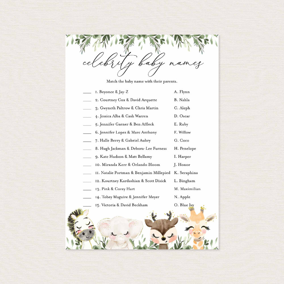 Baby Safari Baby Shower Celebrity Baby Names Game Printable