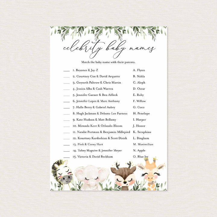 Baby Safari Baby Shower Celebrity Baby Names Game Printable