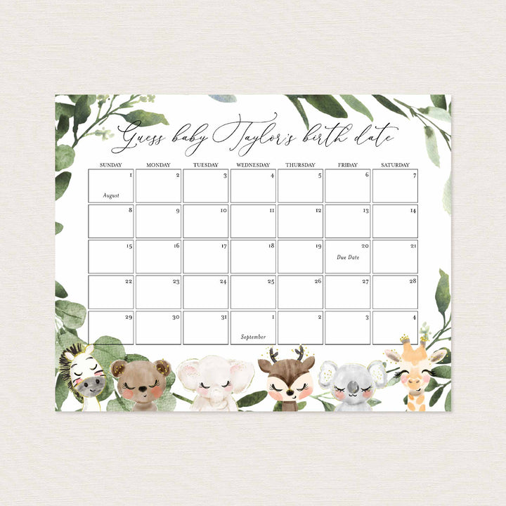 Baby Safari Baby Shower Due Date Calendar Printable