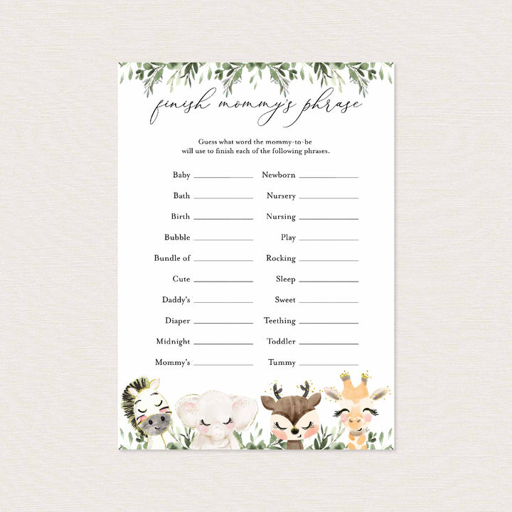 Baby Safari Baby Shower Finish Mummy's Phrase Game Printable