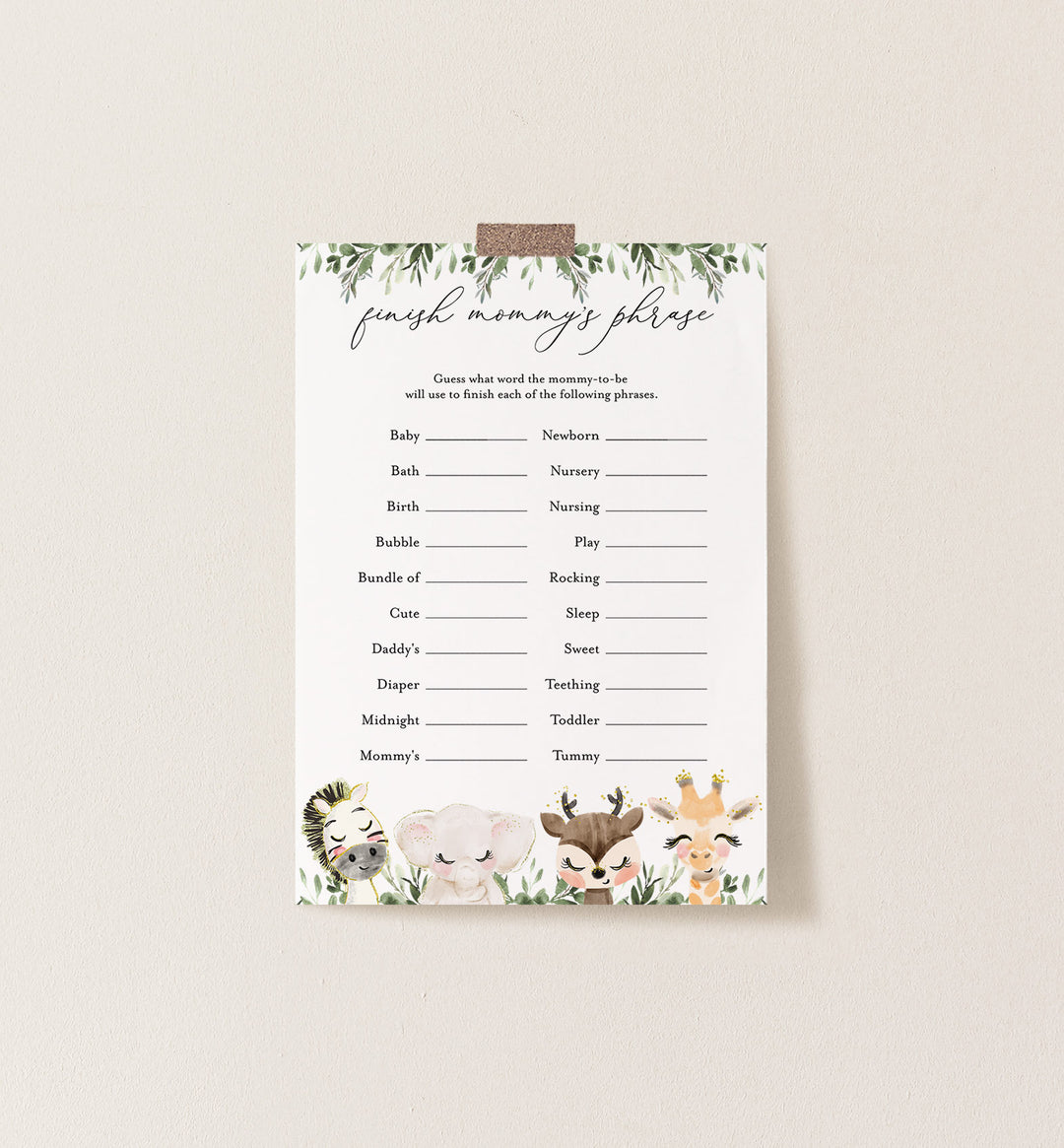 Baby Safari Baby Shower Finish Mummy's Phrase Game Printable