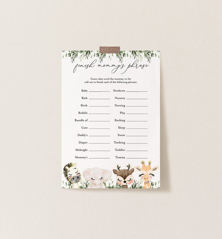 Baby Safari Baby Shower Finish Mummy's Phrase Game Printable