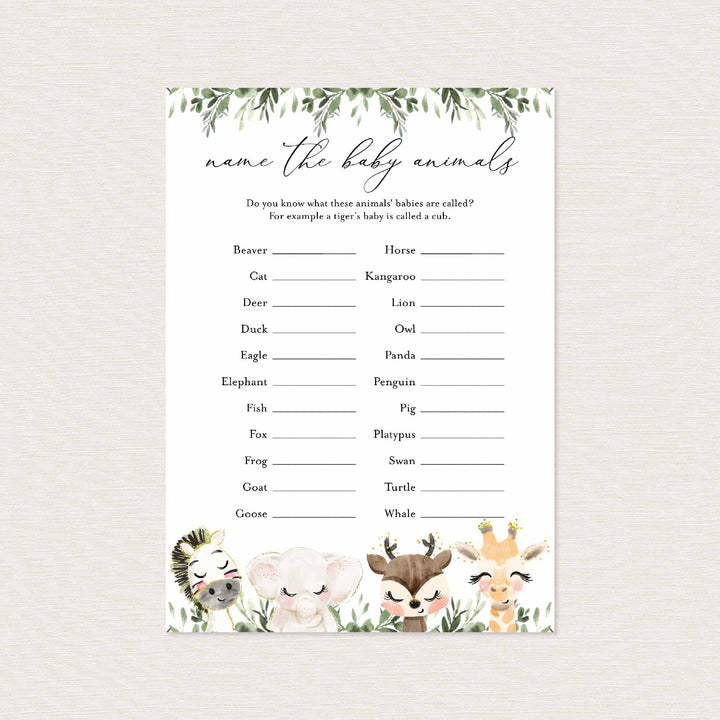 Baby Safari Baby Shower Name The Baby Animals Game Printable