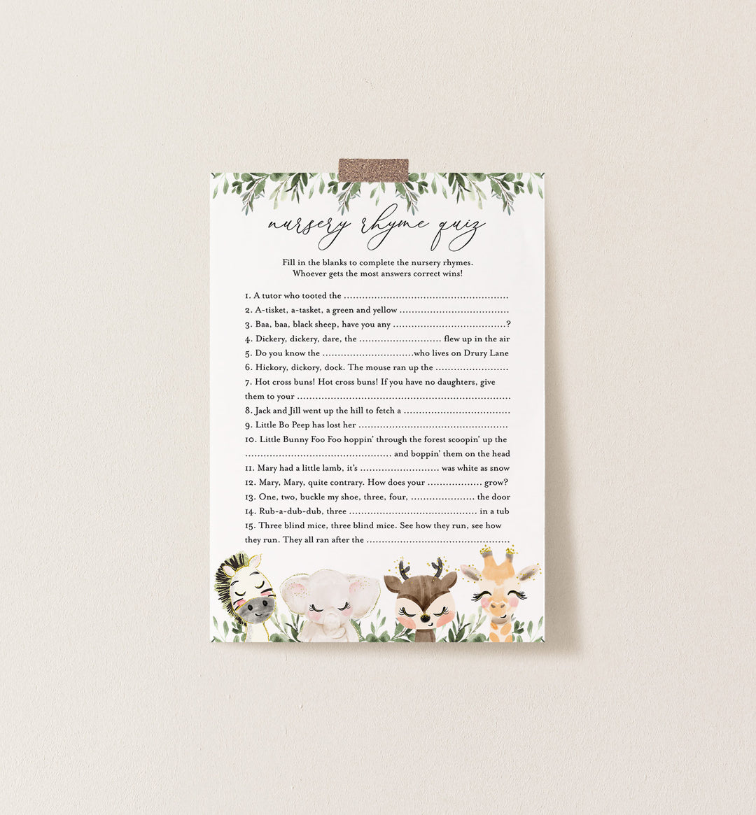 Baby Safari Baby Shower Nursery Rhyme Quiz Game Printable